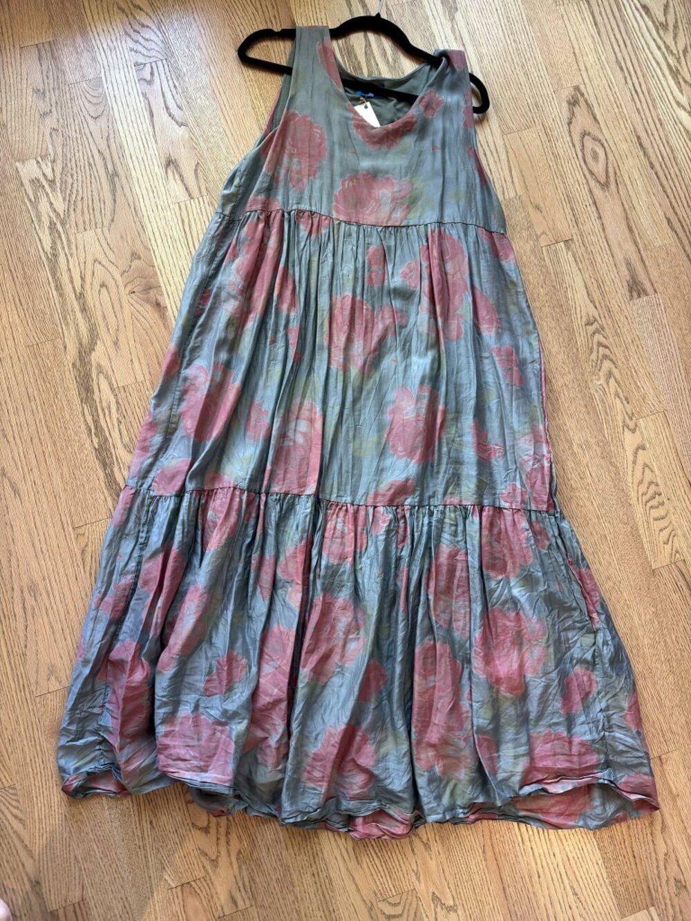 NWT Marisima Sage Floral Tiered Maxi Dress Pink Roses Sleeveless One Size